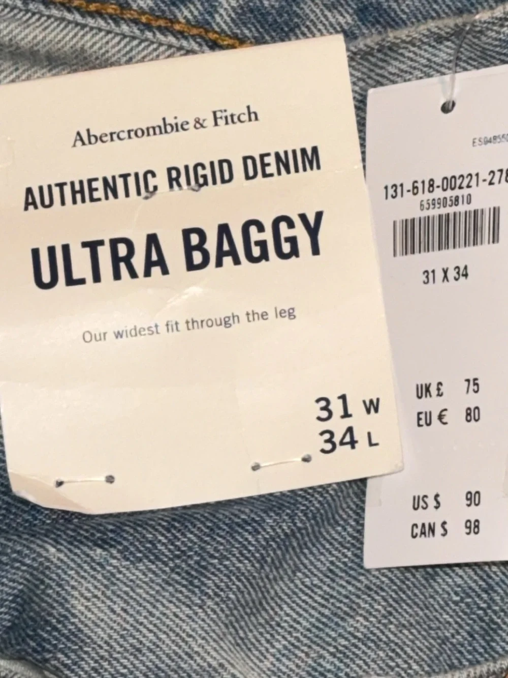 NWT Abercrombie & Fitch A&F men’s jeans authentic rigid denim ultra baggy 31x34